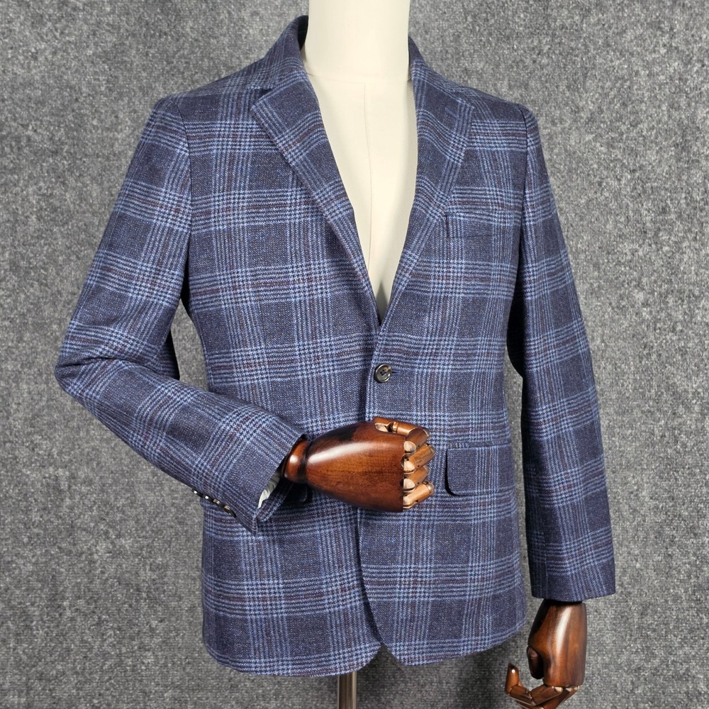 Bonobos Blazer Mens 36S Blue Plaid Fortex Wool Cashmere Slim Fit Unstructured